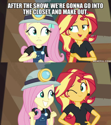 Size: 600x675 | Tagged: safe, edit, edited screencap, screencap, fluttershy, sunset shimmer, equestria girls, g4, my little pony equestria girls: better together, opening night, opening night: sunset shimmer, cyoa, image macro, implied sunshyne, meme, memeful.com, one eye closed, wink