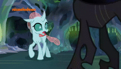 Size: 1920x1088 | Tagged: safe, screencap, ocellus, queen chrysalis, changedling, changeling, changeling queen, g4, what lies beneath, animated, bad quality, big no, dubbing, female, nickelodeon, nightmare cave, norwegian, queen chrysellus, sound, webm
