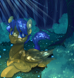 Size: 2226x2348 | Tagged: safe, artist:breloomsgarden, oc, oc only, oc:crushingvictory, pegasus, pony, crepuscular rays, crossed hooves, flower, forest, high res, lying down, male, smiling, solo, stallion, white pupils