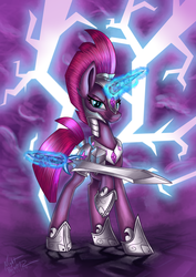 Size: 2304x3248 | Tagged: safe, artist:nightpaint12, tempest shadow, pony, unicorn, g4, armor, broken horn, female, glowing horn, high res, hoof shoes, horn, lightning, looking at you, magic, mare, prosthetic horn, prosthetics, royal guard, smiling, solo, sword, telekinesis, tempest becomes a royal guard, tempest gets her horn back, weapon
