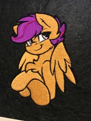 Size: 810x1080 | Tagged: safe, artist:v-zen, scootaloo, pegasus, pony, g4, chest fluff, crossed hooves, embroidery, female, filly, foal, solo
