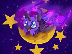 Size: 2800x2100 | Tagged: safe, artist:zokkili, nightmare moon, alicorn, pony, g4, :p, colored eyelashes, crescent moon, ear fluff, female, filly, high res, mare, moon, nightmare woon, silly, solo, space, tangible heavenly object, tongue out
