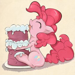 Size: 1012x1012 | Tagged: safe, artist:zokkili, pinkie pie, earth pony, pony, g4, cake, cute, diapinkes, female, food, licking, mare, solo, tongue out