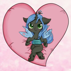 Size: 1280x1280 | Tagged: safe, artist:zokkili, queen chrysalis, changeling, changeling queen, g4, chibi, crown, cute, cutealis, female, heart, jewelry, looking at you, regalia, solo