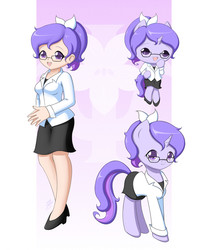 Size: 1000x1200 | Tagged: safe, artist:jdan-s, oc, oc only, oc:doctor violet, human, original species, pony, anthro, plantigrade anthro, anthro with ponies, bow, chibi, clothes, cute, glasses, high heels, human ponidox, humanized, lab coat, legs, looking at you, moe, ocbetes, pixiv, ponytail, self ponidox, shoes, skirt, solo, species swap