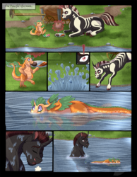 Size: 978x1260 | Tagged: safe, artist:bijutsuyoukai, oc, oc:pumpkin, oc:quincy, dragon, pony, unicorn, comic, magic, male, river, stallion