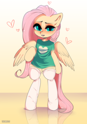 Size: 3400x4833 | Tagged: safe, artist:yukomaussi, fluttershy, pegasus, pony, semi-anthro, g4, arm hooves, blushing, clothes, cute, female, looking at you, mare, shirt, shyabetes, socks, solo, standing, stockings, t-shirt, thigh highs
