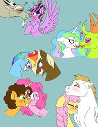 Size: 1536x1977 | Tagged: safe, artist:loxotictoxic, bulk biceps, cheese sandwich, discord, dumbbell, fluttershy, pinkie pie, princess celestia, rainbow dash, thorax, twilight sparkle, alicorn, changedling, changeling, pony, g4, bust, chest fluff, disembodied head, dumbdash, female, head, king thorax, male, ship:cheesepie, ship:discolight, ship:flutterbulk, shipping, straight, thoralestia, twilight sparkle (alicorn)
