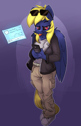 Size: 1600x2500 | Tagged: safe, artist:passigcamel, oc, oc only, oc:naveen numbers, anthro, plantigrade anthro, cellphone, clothes, commission, envelope, jacket, leather jacket, looking down, phone, shoes, smartphone, solo, sunglasses, tongue out