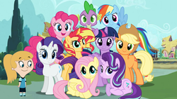 Size: 1436x808 | Tagged: safe, artist:3d4d, applejack, fluttershy, pinkie pie, rainbow dash, rarity, spike, starlight glimmer, sunset shimmer, twilight sparkle, alicorn, pony, g4, alicornified, crossover, fiona munson, kid vs kat, race swap, shimmercorn, twilight sparkle (alicorn)