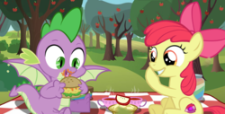 Size: 1241x632 | Tagged: safe, alternate version, artist:brony-art, apple bloom, spike, dragon, g4, apple tree, burger, cute, female, filly, foal, food, giggling, hay burger, male, orchard, picnic, picnic blanket, pie, ship:spikebloom, shipping, show accurate, straight, sweet apple acres, tea, tree, winged spike, wings