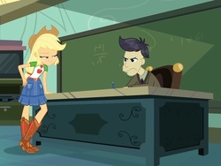 Size: 1327x996 | Tagged: safe, edit, edited screencap, screencap, applejack, cranky doodle donkey, equestria girls, g4, happily ever after party, happily ever after party: applejack, my little pony equestria girls: better together, belt, boots, chalkboard, classroom, clothes, cowboy hat, cyoa, denim skirt, desk, door, duo, female, freckles, geode of super strength, hat, male, shoes, skirt, stetson