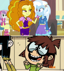 Size: 1024x1140 | Tagged: safe, artist:prentis-65, adagio dazzle, trixie, equestria girls, g4, my little pony equestria girls: rainbow rocks, female, lesbian, lisa loud, luan loud, lucy loud, reaction, ship:triagio, shipper on deck, shipping, the loud house