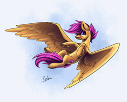 Size: 1724x1384 | Tagged: safe, artist:bakud, scootaloo, pegasus, pony, g4, cutie mark, female, filly, flying, large wings, leaning back, scootaloo can fly, signature, solo, tail between legs, the cmc's cutie marks, wings