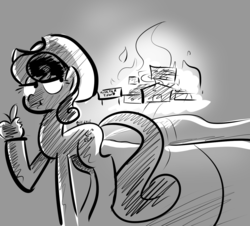 Size: 1369x1240 | Tagged: safe, artist:christheblue, bon bon, sweetie drops, g4, apple, black and white, cowboy, female, fire, food, grayscale, monochrome, monster, secret agent sweetie drops, solo