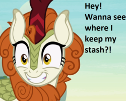 Size: 897x719 | Tagged: safe, edit, edited screencap, screencap, autumn blaze, kirin, g4, sounds of silence, cropped, female, grin, smiling, solo, text, wide eyes