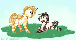 Size: 644x342 | Tagged: safe, artist:eve-of-halloween, oc, oc only, oc:ambrosia, oc:eliza, hybrid, zebrasus, zony, hallowverse, pandoraverse, alternate universe, duo, exclamation point, female, filly, foal, golden zebra, magical lesbian spawn, next generation, offspring, parent:fluttershy, parent:oc:buck carcharadon, parent:oc:radhi, parent:zecora, parents:oc x oc, parents:shycora, question mark, universe crossover