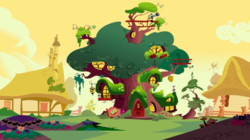 Size: 1440x807 | Tagged: safe, screencap, g4, owl's well that ends well, season 1, background, beehive, building, dawn, golden oaks library, mostly sunny, no pony, ponyville, tree