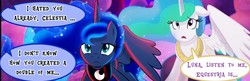 Size: 2183x704 | Tagged: safe, artist:light262, artist:lummh, nightmare moon, princess celestia, princess luna, alicorn, pony, comic:timey wimey, g4, cropped, duo, ethereal mane, female, mare, offscreen character, royal sisters, sisters, speech bubble, spread wings, starry mane, wings