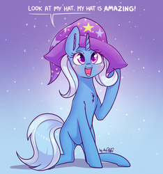 Size: 2282x2433 | Tagged: safe, artist:dsp2003, trixie, pony, unicorn, g4, 30 minute art challenge, amazing horse, blushing, clothes, cute, diatrixes, ear fluff, female, gradient background, hat, high res, horn, mare, mr weebl, open mouth, signature, smiling, solo, song reference, speech bubble, stars, trixie's hat
