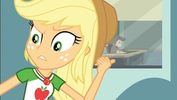 Size: 1440x810 | Tagged: safe, screencap, applejack, cranky doodle donkey, equestria girls, equestria girls series, g4, happily ever after party, classroom, clothes, cowboy hat, cyoa, desk, door, freckles, geode of super strength, happily ever after party: applejack, hat, stetson