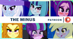 Size: 1024x553 | Tagged: safe, artist:theminus, adagio dazzle, aria blaze, derpy hooves, sonata dusk, starlight glimmer, trixie, human, equestria girls, g4, advertisement, op is a duck, patreon, patreon logo, patreon preview, younger
