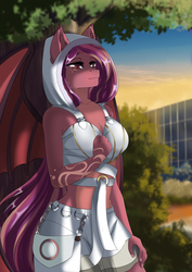 Size: 2481x3508 | Tagged: safe, artist:lifejoyart, oc, oc only, oc:delilah garnet, bat pony, anthro, bat wings, breasts, cleavage, clothes, female, high res, midriff, scenery, solo, wings