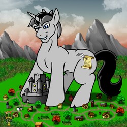 Size: 1280x1280 | Tagged: safe, artist:silverbrony97, oc, oc only, oc:silvermane, pony, unicorn, castle, evil, evil smile, giant pony, grin, land, macro, male, monster, scenery, smiling, solo, stallion, this will end in death, this will end in tears, this will end in tears and/or death, this will not end well, tiny, town, village