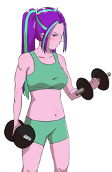 Size: 2105x3227 | Tagged: safe, artist:amazingpuffhair, aria blaze, equestria girls, g4, belly button, clothes, commission, female, high res, looking at you, midriff, simple background, solo, sports bra, sports shorts, sweat, weight lifting, weights, white background, workout, workout outfit