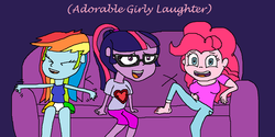Size: 1359x677 | Tagged: safe, artist:logan jones, pinkie pie, rainbow dash, sci-twi, twilight sparkle, equestria girls, g4, alternate clothes, barefoot, clothes, couch, cute, feet, female, glasses, ireland, irish flag, jeans, laughing, nail polish, oneyplays, pants, ponytail, shirt, skirt, subtitles, t-shirt, toes