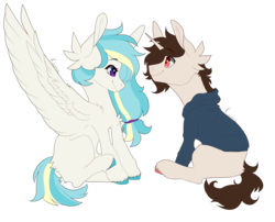 Size: 2838x2292 | Tagged: safe, artist:skimea, oc, oc only, oc:mylow blaze, pegasus, pony, unicorn, female, high res, male, mare, simple background, sitting, stallion, transparent background