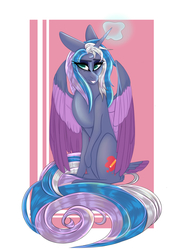 Size: 2913x4057 | Tagged: safe, artist:charlotteartz, oc, oc only, oc:moonlight melody, alicorn, pony, colored wings, female, mare, multicolored wings, sitting, solo