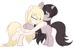 Size: 1024x667 | Tagged: safe, artist:mintoria, oc, oc only, oc:mitsue, oc:mitsuki, pegasus, pony, unicorn, female, hug, mare, simple background, transparent background