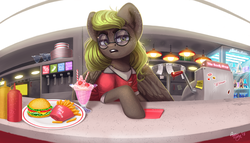 Size: 3234x1856 | Tagged: safe, artist:amishy, oc, oc only, oc:fenderella bass, pegasus, pony, burger, cash register, clothes, commission, diner, disgusted, female, fisheye lens, food, freckles, french fries, glasses, ice cream, looking at you, mare, nuka cola, oven, shirt, solo