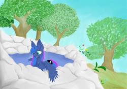 Size: 1250x875 | Tagged: safe, artist:the-fox-experiment, princess luna, alicorn, pony, g4, detailed background, female, flower, mare, pond, solo, swimming, tree, water, wet mane