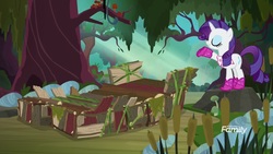 Size: 1920x1080 | Tagged: safe, screencap, rarity, pony, unicorn, g4, the end in friend, bandana, boots, cattails, clothes, eyes closed, female, glitter boots, mare, neckerchief, raft, reeds, s.s. cragadile, shoes, solo