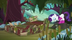 Size: 1920x1080 | Tagged: safe, screencap, rarity, pony, unicorn, g4, the end in friend, bandana, boots, bowing, cattails, clothes, eyes closed, female, glitter boots, mare, neckerchief, raft, reeds, s.s. cragadile, shoes, solo