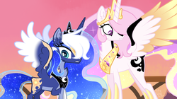 Size: 1276x716 | Tagged: safe, artist:sugaryicecreammlp, princess celestia, princess luna, alicorn, pony, a royal problem, g4, alternate design, alternate universe, chest fluff, colored wings, colored wingtips, duo, ethereal mane, female, mare, royal sisters, sisters, starry mane, swapped cutie marks, white-haired luna
