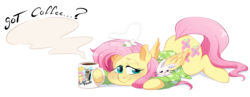 Size: 1280x499 | Tagged: safe, artist:g-blue16, part of a set, angel bunny, fluttershy, pegasus, pony, g4, clothes, coffee, coffee mug, duo, female, folded wings, hair ornament, lidded eyes, looking at you, looking sideways, mare, morning ponies, mug, obtrusive watermark, pajamas, prone, simple background, transparent background, watermark