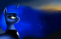 Size: 4500x2900 | Tagged: safe, artist:kelkessel, princess luna, alicorn, pony, g4, bust, ethereal mane, female, horn, lidded eyes, mare, portrait, sky, solo, stars