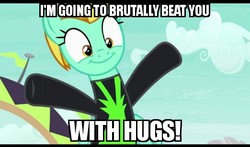 Size: 522x306 | Tagged: safe, edit, edited screencap, screencap, lightning dust, pegasus, pony, g4, the washouts (episode), beaten up, clothes, cloud, female, flag, hug, mare, text, uniform, washouts uniform