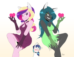 Size: 3202x2480 | Tagged: safe, artist:0ndshok, princess cadance, queen chrysalis, shining armor, alicorn, changeling, changeling queen, unicorn, anthro, g4, clothes, dress, female, heart, heart eyes, high res, male, wingding eyes