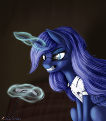 Size: 3036x3451 | Tagged: safe, artist:pony-stark, princess luna, alicorn, pony, g4, angry video game nerd, clothes, controller, crossover, female, glasses, glowing horn, high res, hooves, horn, joystick, levitation, magic, mare, reference, sitting, solo, teeth, telekinesis, wings, youtube