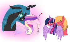 Size: 1024x552 | Tagged: dead source, safe, artist:florfru, big macintosh, princess cadance, queen chrysalis, twilight sparkle, alicorn, pony, g4, female, implied lesbian, implied shipping, implied twidance, infidelity, jealous, lesbian, male, ship:cadalis, ship:twimac, shipping, straight, twilight sparkle (alicorn)