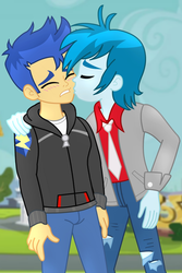 Size: 1080x1615 | Tagged: safe, artist:supermaxx92, flash sentry, thunderbass, human, equestria girls, g4, my little pony equestria girls: better together, background human, blushing, crack shipping, eyes closed, gay, kissing, male, shipping, thunderflash