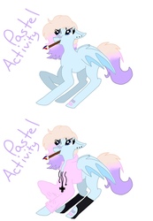 Size: 933x1350 | Tagged: safe, artist:speedycheetah50, oc, oc only, oc:pastel activity, bat pony, pony, bandaid, bat pony oc, clothes, ear piercing, earring, female, hoodie, inverted cross, jewelry, mare, mouth hold, paint, paintbrush, piercing, simple background, socks, solo, white background