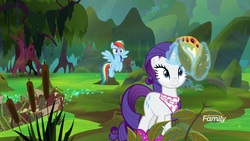 Size: 1920x1080 | Tagged: safe, screencap, rainbow dash, rarity, bufogren, pegasus, pony, unicorn, g4, the end in friend, boots, cattails, female, froggy bottom bog, glitter boots, glowing horn, horn, leaf, magic, mare, neckerchief, reeds, s.s. cragadile, shoes, swamp, telekinesis