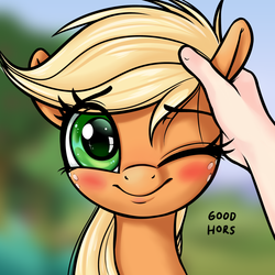 Size: 3000x3000 | Tagged: safe, artist:coinpo, applejack, earth pony, human, pony, g4, blonde, blushing, cute, daaaaaaaaaaaw, female, hatless, high res, jackabetes, mare, missing accessory, offscreen character, one eye closed, petting, praise, solo