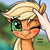 Size: 3000x3000 | Tagged: safe, artist:coinpo, applejack, earth pony, human, pony, g4, blonde, blushing, cute, daaaaaaaaaaaw, female, hatless, high res, jackabetes, mare, missing accessory, offscreen character, one eye closed, petting, praise, solo
