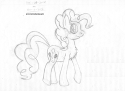 Size: 3104x2255 | Tagged: safe, artist:ericremotesteam, pinkie pie, pony, g4, chest fluff, female, high res, looking back, monochrome, pencil drawing, profile, smiling, solo, traditional art, walking